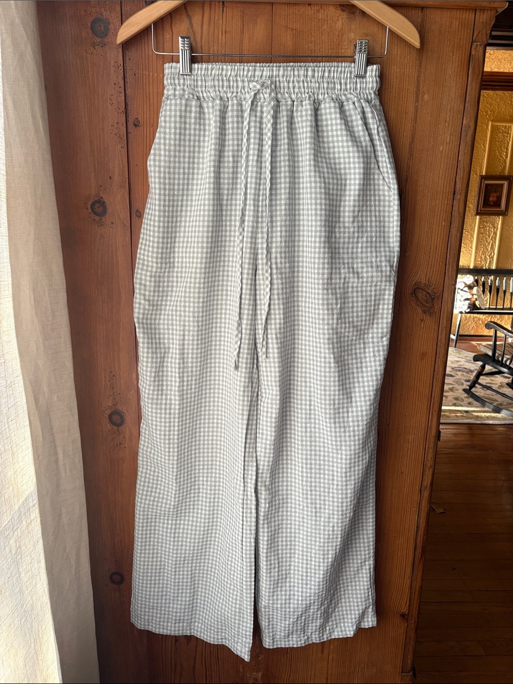 Vintage Light Gray Gingham Wide-Leg Pants